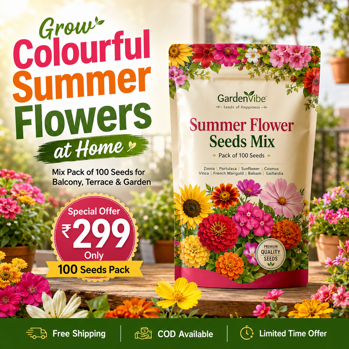 Summer Flower Seeds Mix –  For Balcony, Terrace & Home Garden