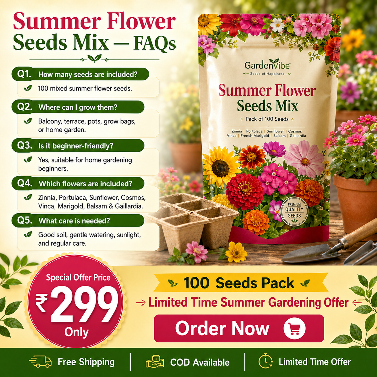 Summer Flower Seeds Mix –  For Balcony, Terrace & Home Garden