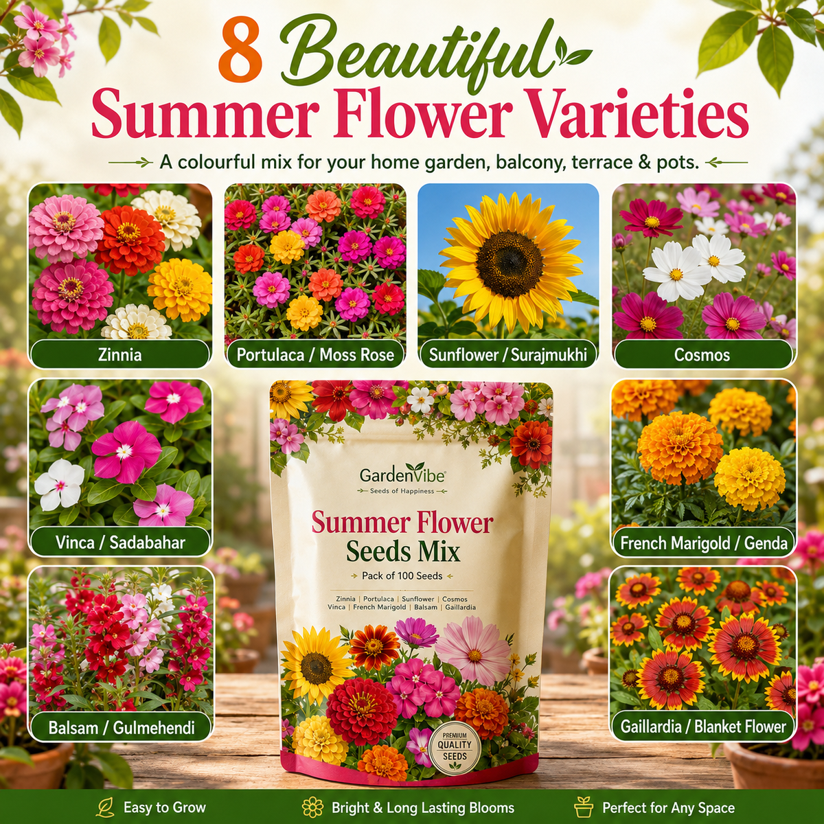 Summer Flower Seeds Mix –  For Balcony, Terrace & Home Garden