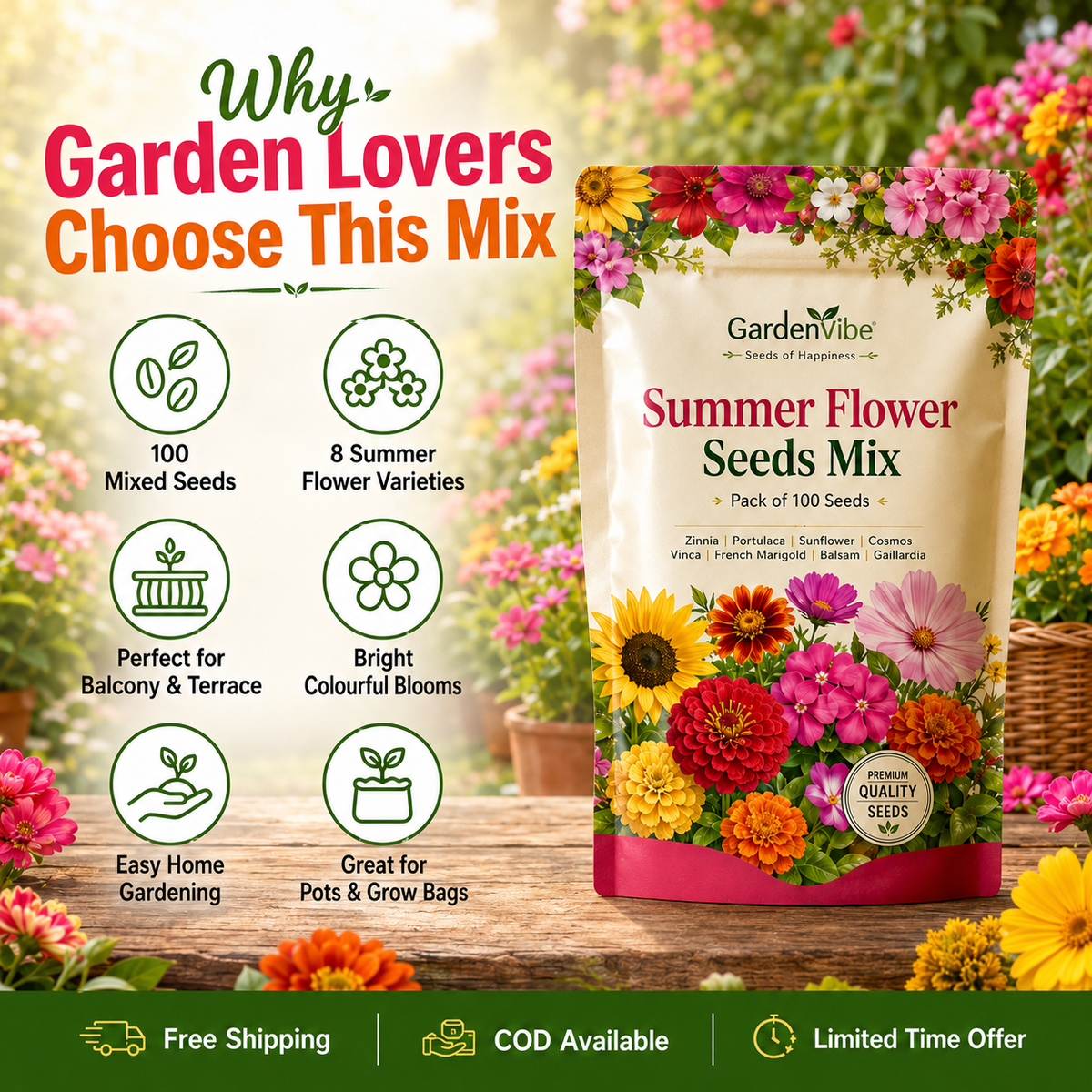 Summer Flower Seeds Mix –  For Balcony, Terrace & Home Garden